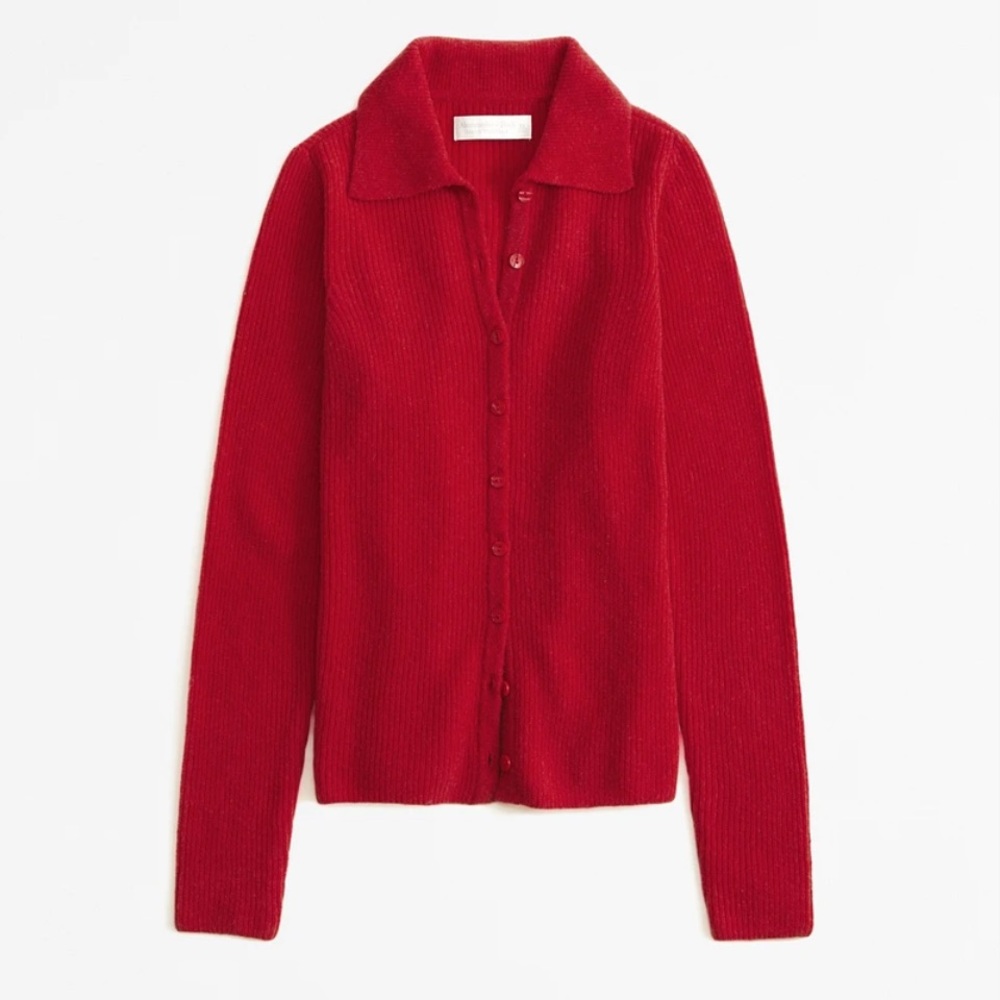 A&F Red Long-Sleeve Merino Wool-Blend Polo Sweater / Top